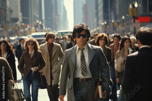 Crowd of people walking street in 1970s © blvdone