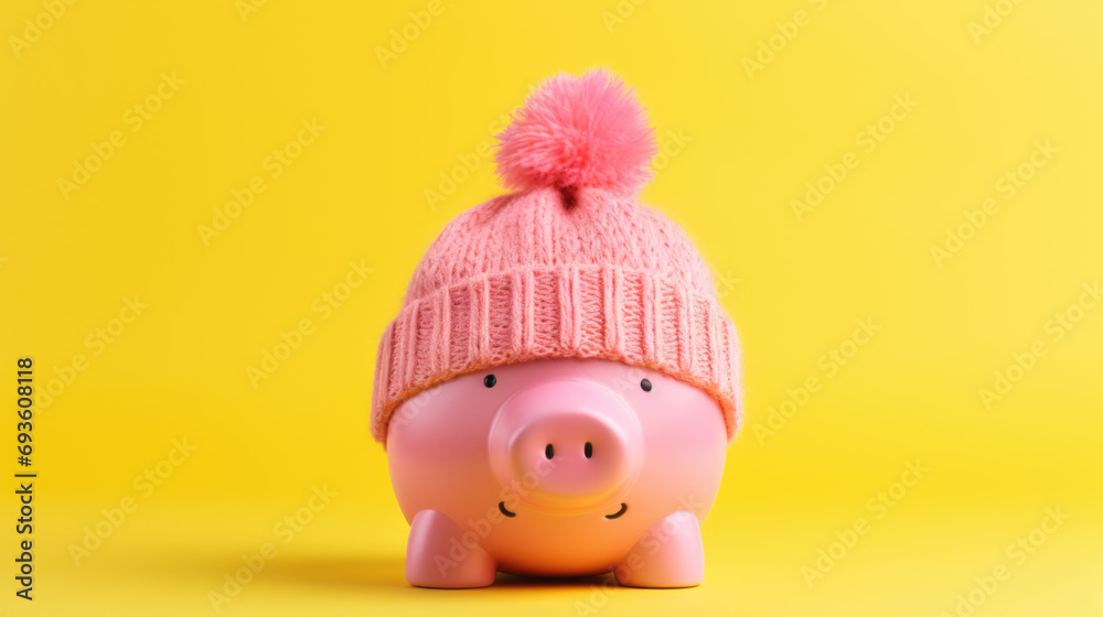 Piggy bank wearing a knit hat with a pom-pom on top, against a vibrant yellow background Piggy bank wearing a knit hat with a pom-pom on top, against a vibrant yellow background