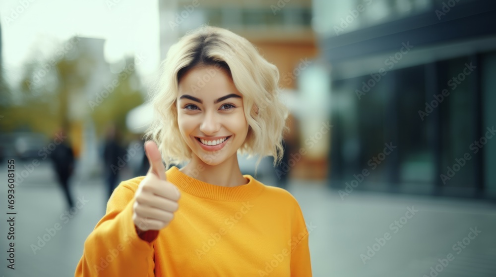 Pointing. Close-up photo of a happy woman, Young woman pointing her finger 