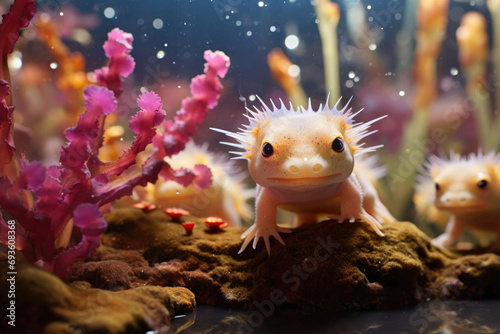 Aquatic amphibian Axolotls in a beautifully designed underwater environment