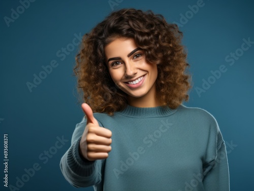 Pointing. Close-up photo of a happy woman, Young woman pointing her finger 