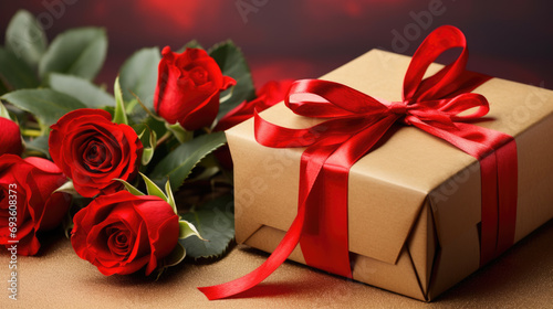 Bouquet of red roses lying next to a gift wrapped in paper