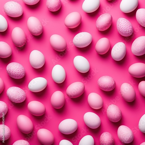 Background of pink and white Easter eggs on a soft pink background
