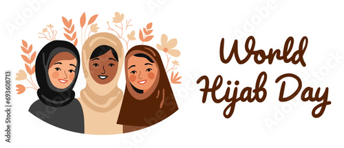 Covered girls in hijab holding flowers. International Hijam Day. Three Muslim women are smiling. Flat, cartoon, vector.