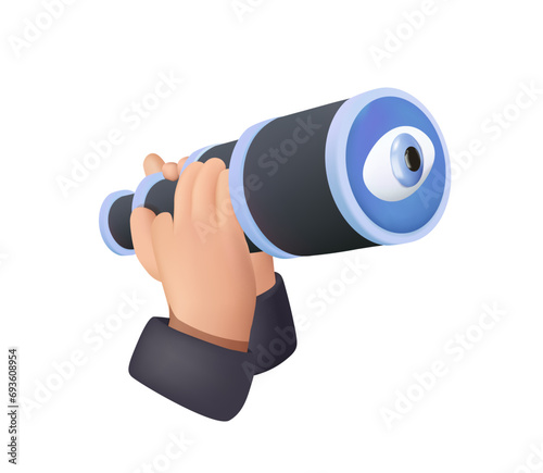 Human hands with spyglass telescope 3D icon. Big eye on lens. Searching, finding, web surfing, looking for opportunities