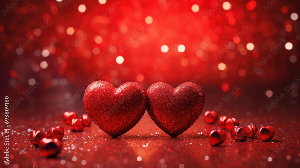 Glittery red hearts lined up against a bokeh background with sparkling lights