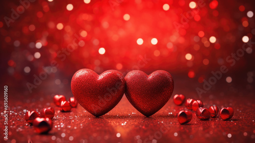 Glittery red hearts lined up against a bokeh background with sparkling lights