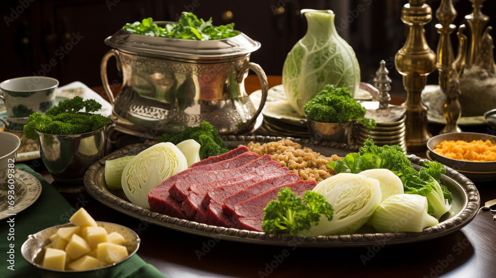 An elaborate Saint Patrick's Day feast with classic Irish dishes like corned beef and cabbage, surrounded by shamrock decorations. - obrazy, fototapety, plakaty 