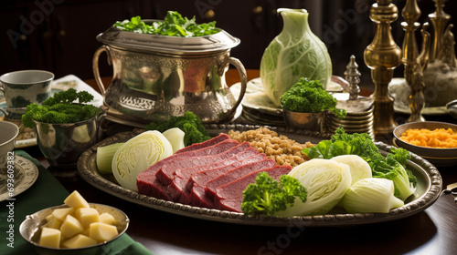 An elaborate Saint Patrick's Day feast with classic Irish dishes like corned beef and cabbage, surrounded by shamrock decorations. photo