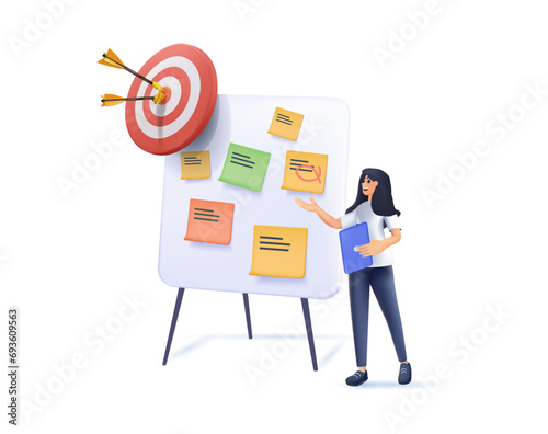 Performance management concept 3D illustration. Character managing work task, setting goals and objectives 3D cartoon