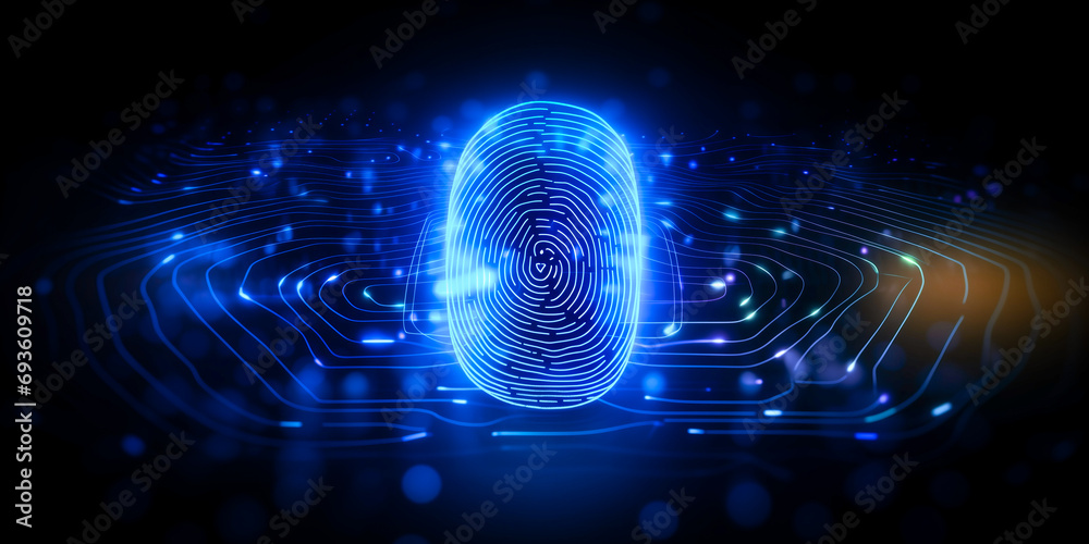 Concept Protect personal data banner. Security system with fingerprint on cyber technology neon background - obrazy, fototapety, plakaty 