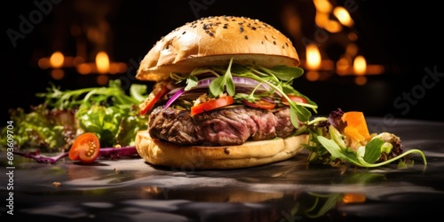 Fresh tasty burger on dark background