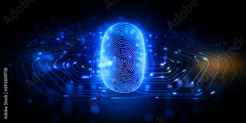 Concept Protect personal data banner. Security system with fingerprint on cyber technology neon background photo