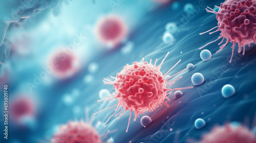 Banner Medical illustration, red cancer cell on blue background