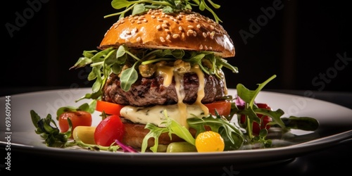 Fresh tasty burger on dark background