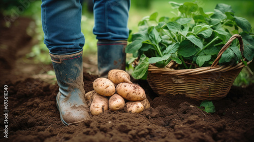 Close-up of a person's hands placing freshly harvested potatoes into a wicker basket in a field with rich soil and green plants in the background. © MP Studio