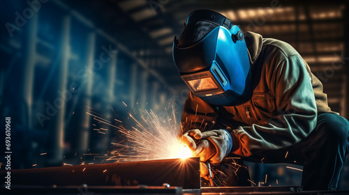 Worker welder with protective mask welding metal, light spark hot metal. Industry iron factory