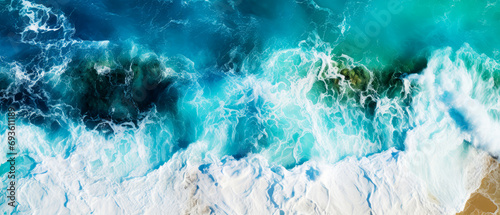 An aerial view of seascape. Top down.Ocean wave on coastline. Panoramic nature wallpaper.  Generative ai