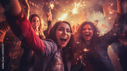 A cheerful group of friends enjoy new year party at nightclub People are drinking, dancing and having a good time at the party comeliness.