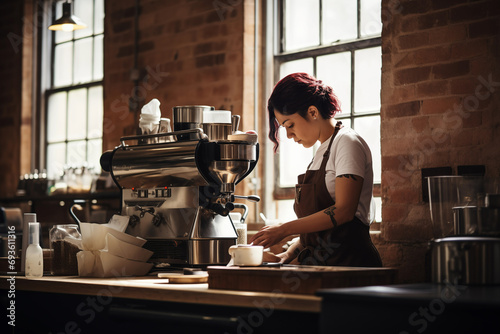 Barista making coffee in coffee shop. Generative AI