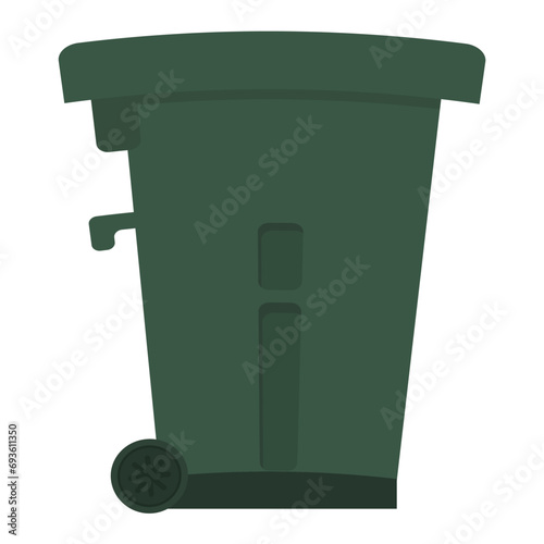 Green outdoor rectangular trash can with lid. Garbage collection and recycling. Maintaining cleanliness. Waste container in side view. Cartoon flat style. Isolated on white background.
