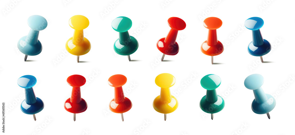 push pin isolated - transparent PNG premium pen tool cutout - various colors - pushpin - with and without shadow - obrazy, fototapety, plakaty 