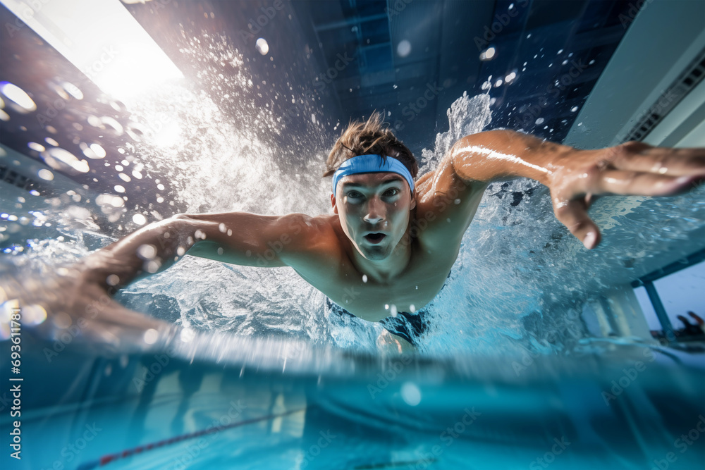 Man swimming in pool under water. Generative AI