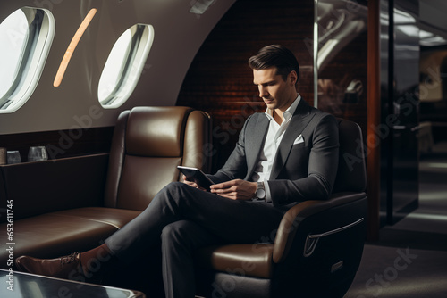 Young businessman flying in private plane. Generative AI © Nomad_Soul
