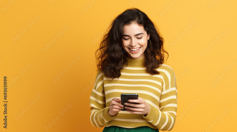 Woman is using a smartphone, wearing a striped sweater against colored background Woman is using a smartphone, wearing a striped sweater against colored background