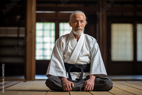 Elderly aikido master wearing kimono sitting in training room. Generative AI photo