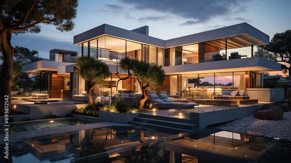 Fototapeta premium Evening view of a luxurious modern house. 3D Illustration