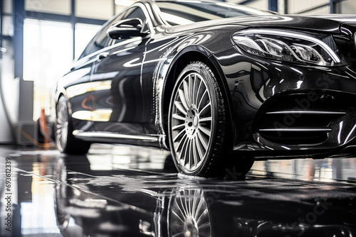 Luxury black car in showroom closeup. Generative AI