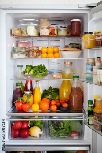 Refrigerator with different fruits  vegetables and useful vitamins. Generative AI