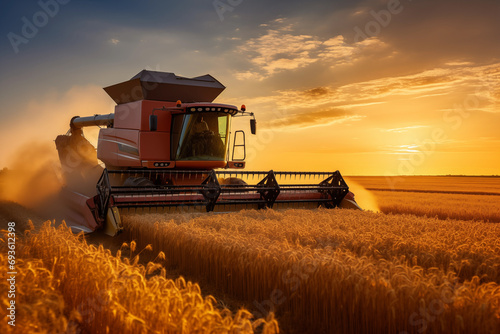 Big harvester combine harvesting grain at sunset. Generative AI