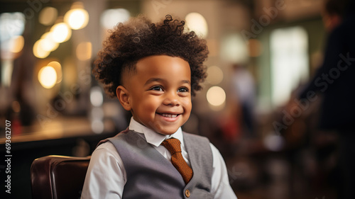 Happy hipster child boy in barbershop with fashion haircut, background barber shop