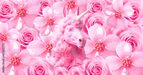 Anthropomorphic stylish unicorn in pink flowers space. Fashion collage.