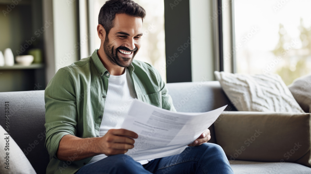Cheerful man sitting comfortably on a sofa, holding and reading a document, with a bright and friendly smile. Cheerful man sitting comfortably on a sofa, holding and reading a document, with a bright and friendly smile.