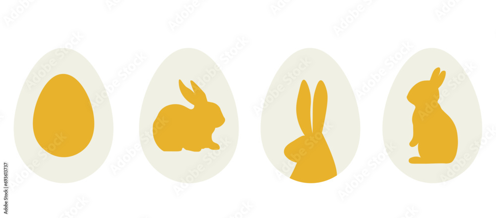 a set of colorful Easter eggs with rabbits isolated on a transparent background for decoration