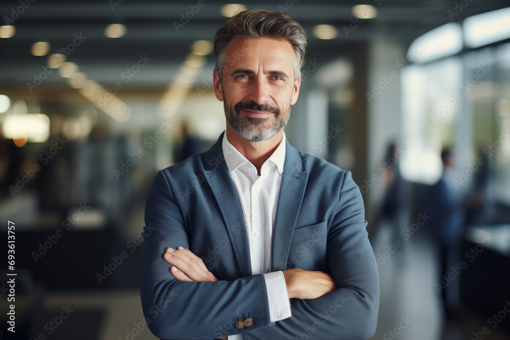 Portrait of successful middle age businessman looking at camera and smiling inside modern office building. AI Generated