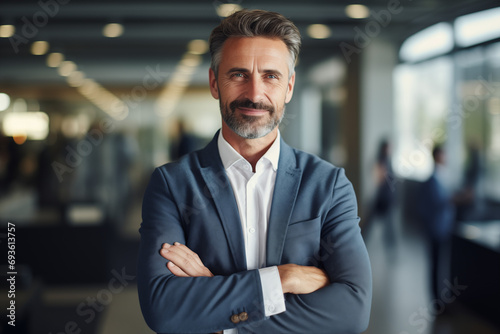 Portrait of successful middle age businessman looking at camera and smiling inside modern office building. AI Generated © The Armadillo Lab