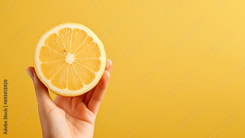 Hand holding sliced lemon fruit isolated on pastel background - obrazy, fototapety, plakaty 