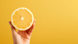 Hand holding sliced lemon fruit isolated on pastel background
