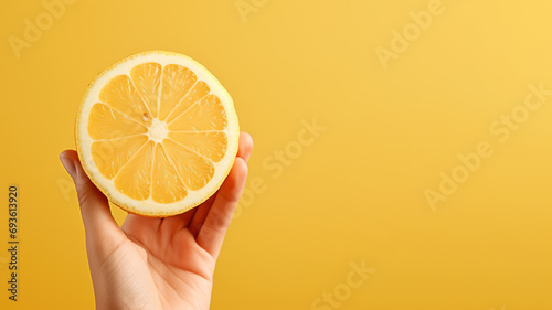 Hand holding sliced lemon fruit isolated on pastel background photo