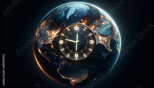 A 3D-rendered image of a globe with a clock, this time focusing on a night-time theme. 