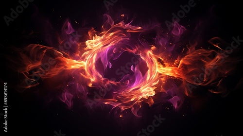 A mesmerizing fire frame with vibrant flames engulfing the frame against a dark purple background, creating a captivating and intense visual display.