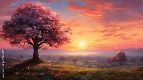 A mesmerizing spring sunset paints the sky with hues of orange and pink, illuminating the tree tops. © Image Studio