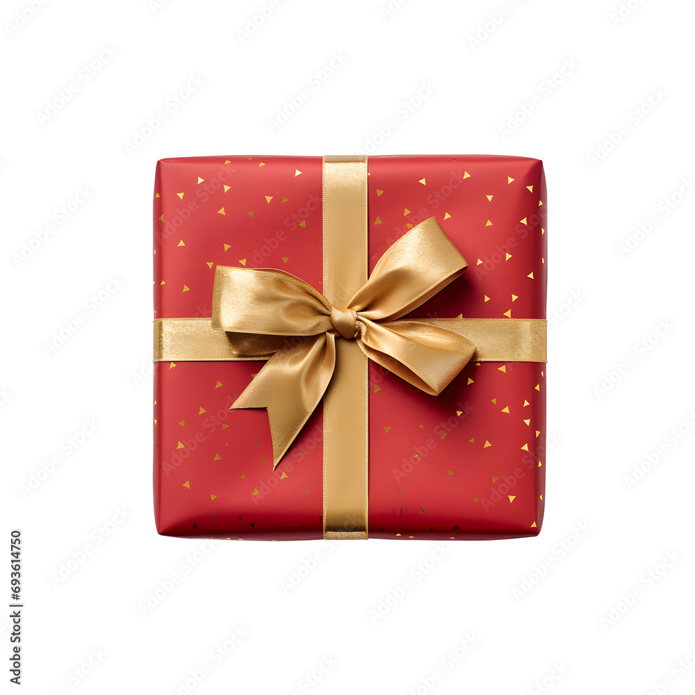 Top vies of red gift box with gold bow and ribbon without background Top vies of red gift box with gold bow and ribbon without background