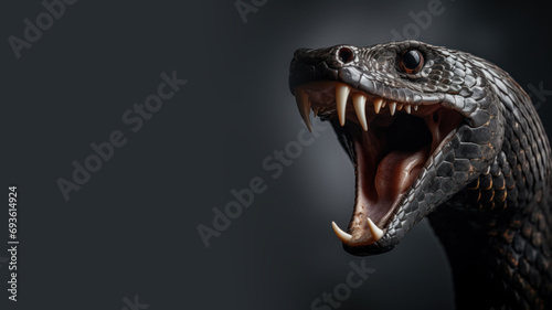 Black snake with open mouth ready to attack isolated on gray background