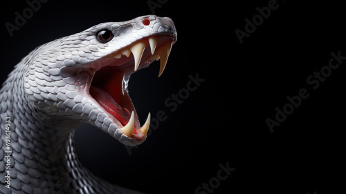 White snake open mouth ready to attack isolated on gray background