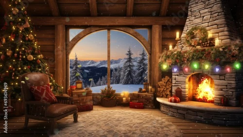 fireplace with christmas decorations. seamless looping time-lapse virtual video animation background. photo